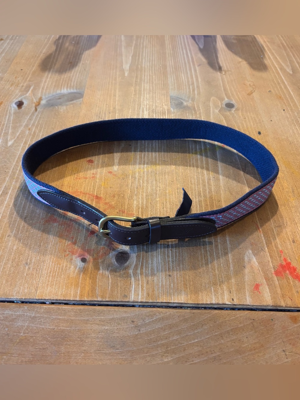 Vineyard Vines mens pink whale canvas club belt navy leather trim brass 28